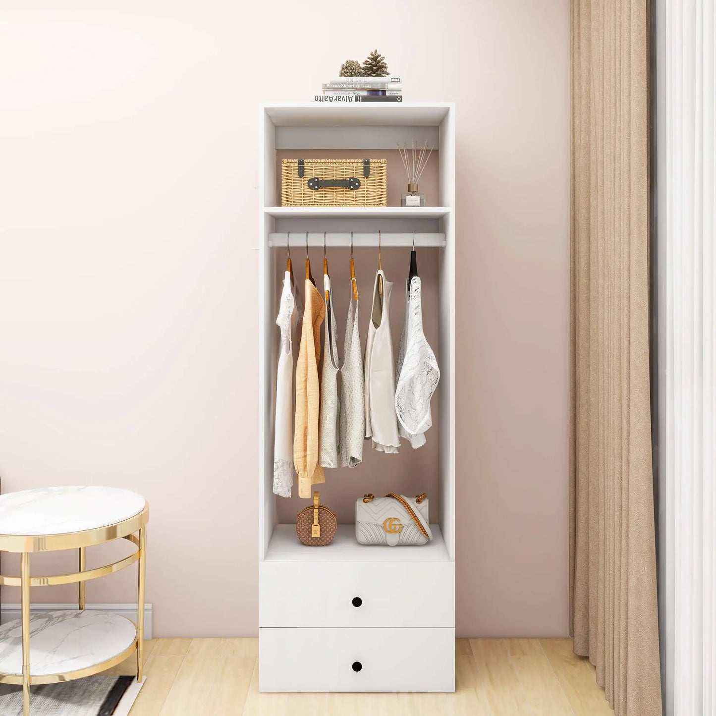 Oblivis Modern Closet in white, compact vertical wardrobe with hanging clothes, shelves, and drawers in a stylish room.