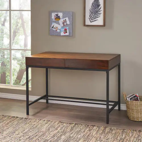 Oblivis Modern Sleek Desk oak wood top with black metal legs and spacious drawer in minimalist home office setting