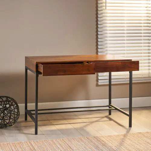 Oblivis modern sleek desk with oak acacia wood top and black metal legs, featuring a spacious central drawer for storage.